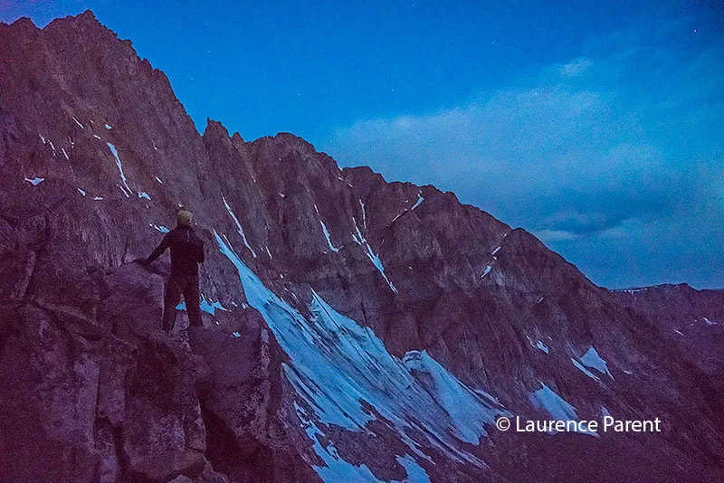 Checking out Granite Peak in the first light of morning from the saddle.