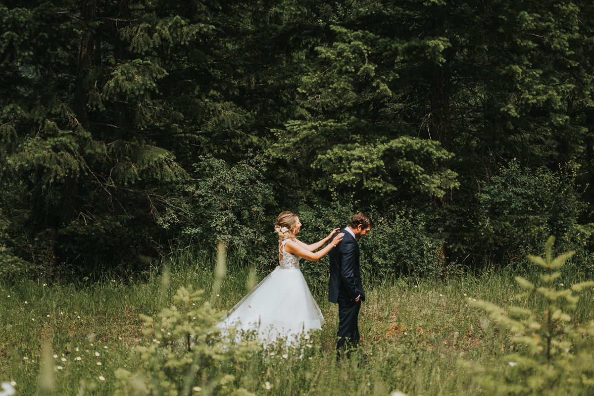 Bride and groom first look Calgary Alberta ranch wedding