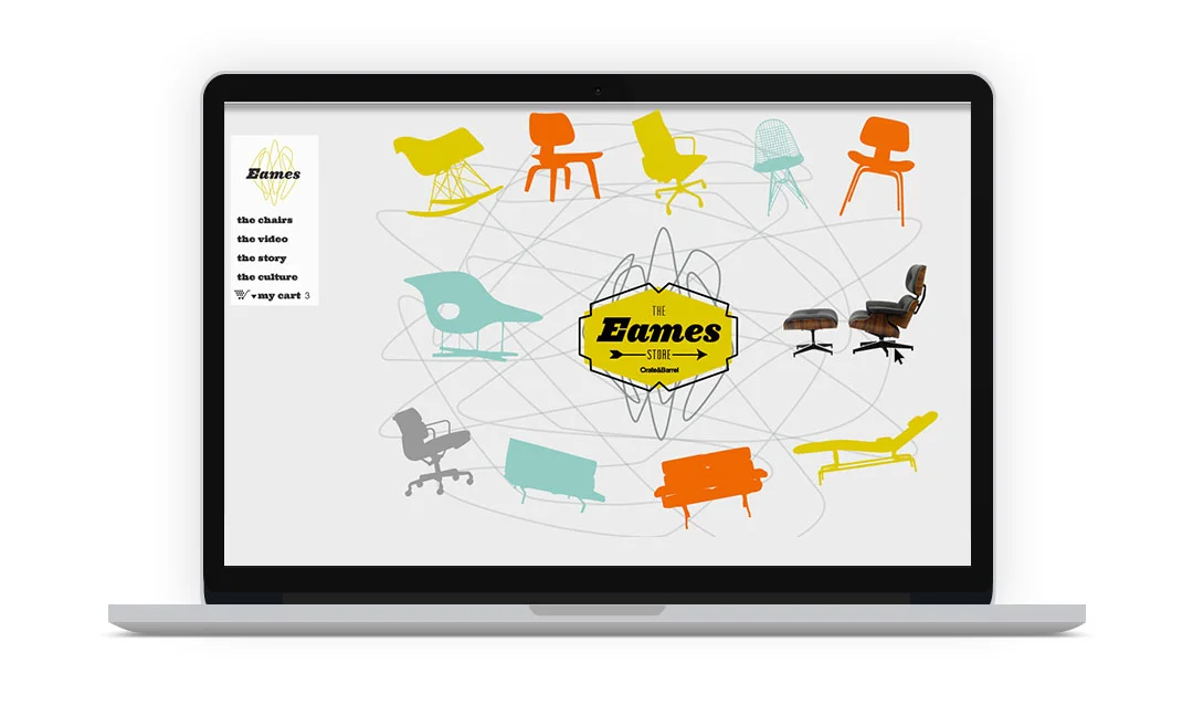 Home screen. One can hover over colored chair to reveal image & click to PoS page