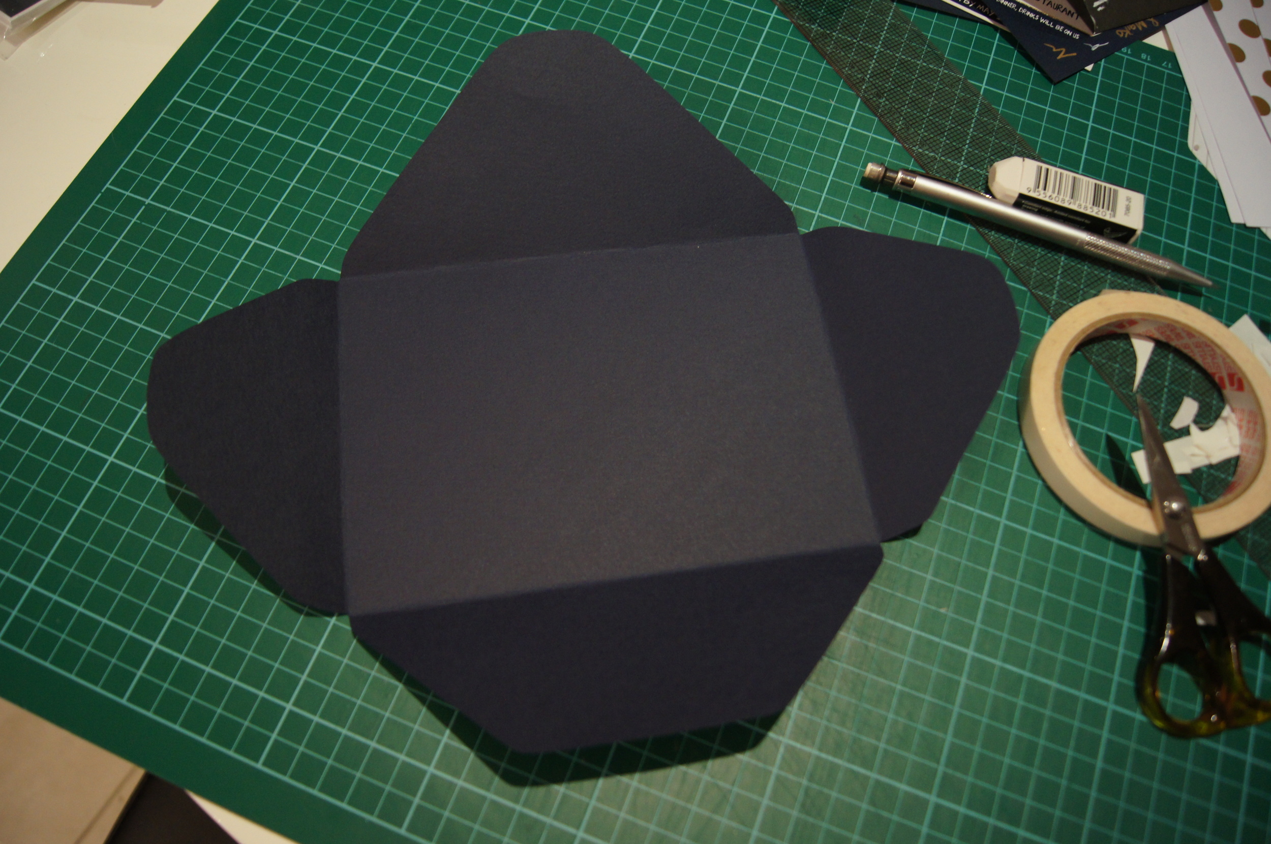 I used small scissors to cut in the corners easily and then folded along the straight lines to create the flaps you need. Once you have done this, go back and gently erase the pencil lines around the edges of the cardstock and straight lines.