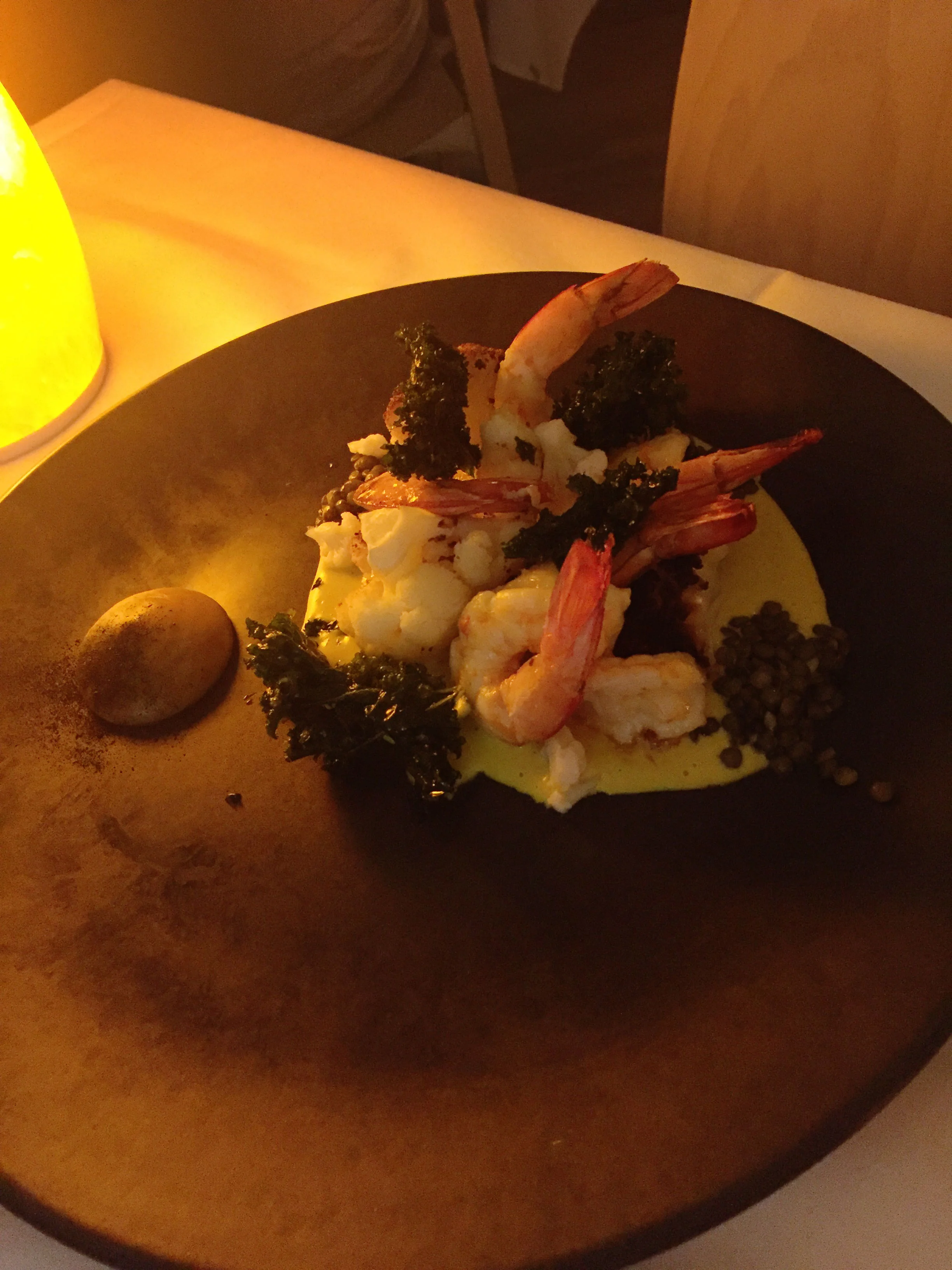 Noosa Beach House Peter Kuruvita Restaurant : Mooloolaba Prawns with smoked jaffna curry, coconut dahl, roasted cauliflower