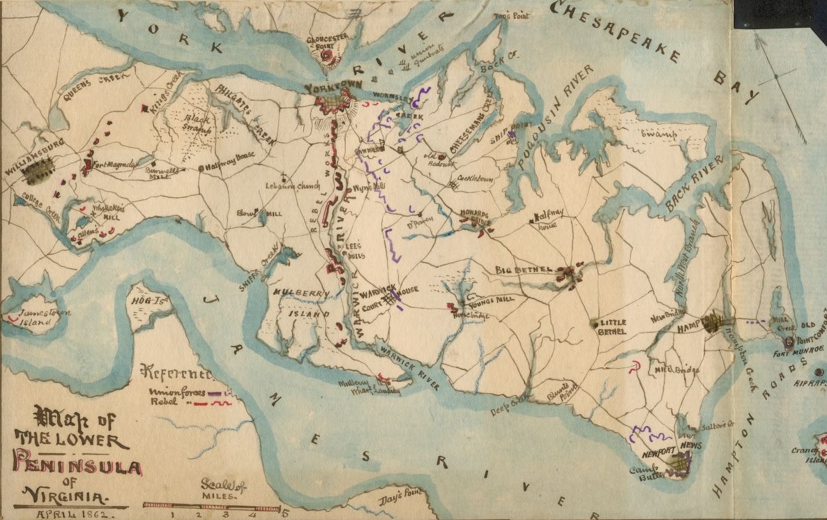 Sneden, Robert Knox. "Map of the Lower Peninsula of Virginia, April 1862." Library of Congress, www.loc.gov/item/gvhs01.vhs00076/.