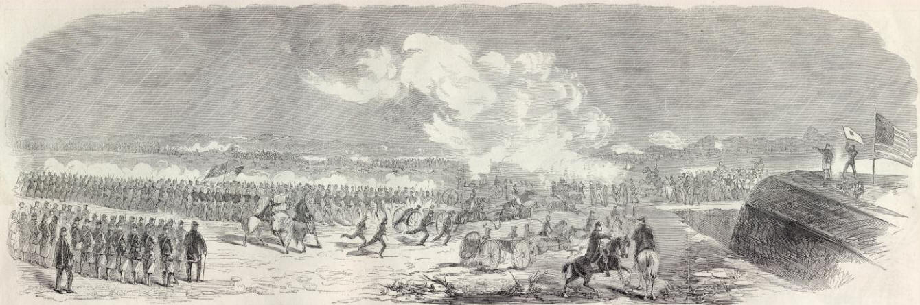 Waud, Alfred R. "General Hancock's Brigade Charging the Rebels at the Battle of Williams-burg." Engraving. Published in Harper's Weekly May 24, 1862. Library of Congress, www.loc.gov/pictures/item/2004660493/.