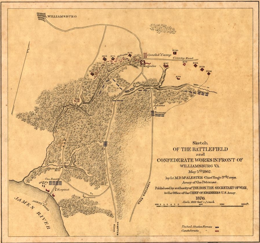 McAlester, Miles D. "Sketch of the Battlefield and Confederate Works in Front of Williamsburg, Va., May 5th 1862." Library of Congress , www.loc.gov/item/99446371/.