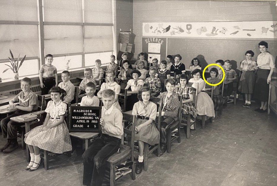 4th &amp; 5th graders at Magruder School (1955).  Deb circled in yellow.