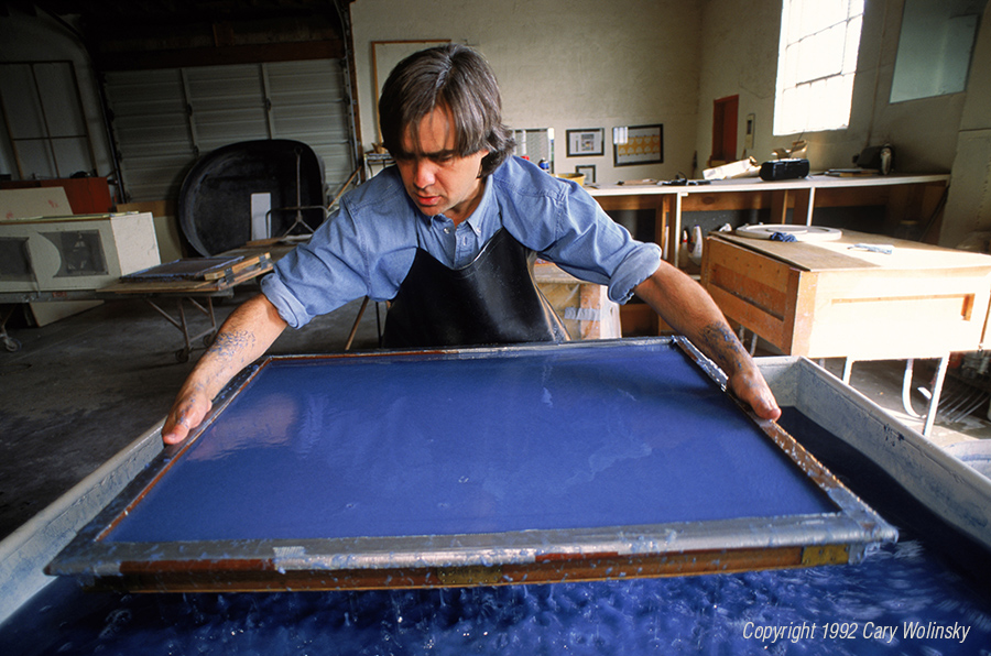 Stephan Watson creating handmade paper from recycled blue jean cotton fiber in New Mexico. 