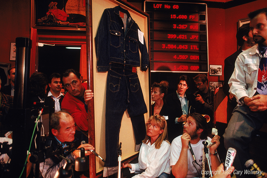 An auction of "vintage" Levi blue jeans in Paris, France. 