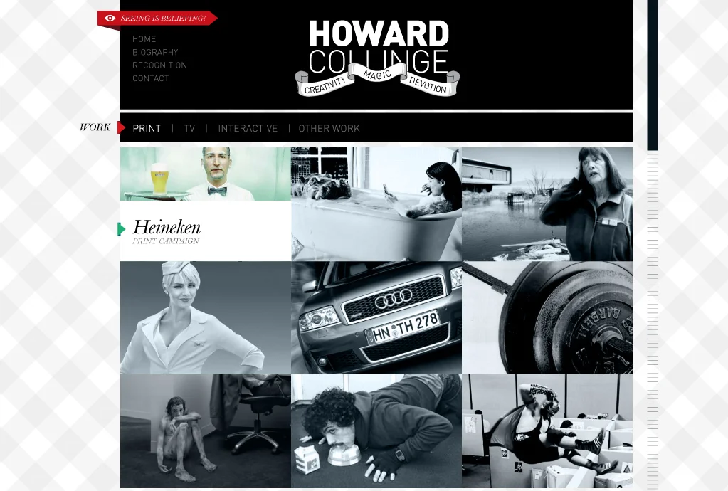 The portfolio of Howard Collinge, designed for and built in Flash, with a Wordpress backend.
