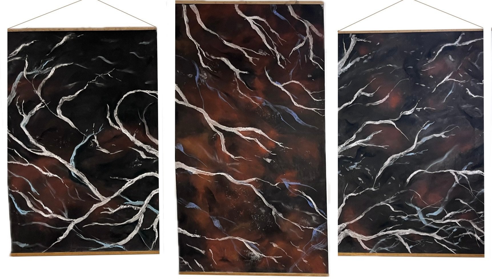 MYCELIUM, 2023, pastel on paper, 3 panels, L. 53" x 36", C. 64" x 36", R. 56" x 36"