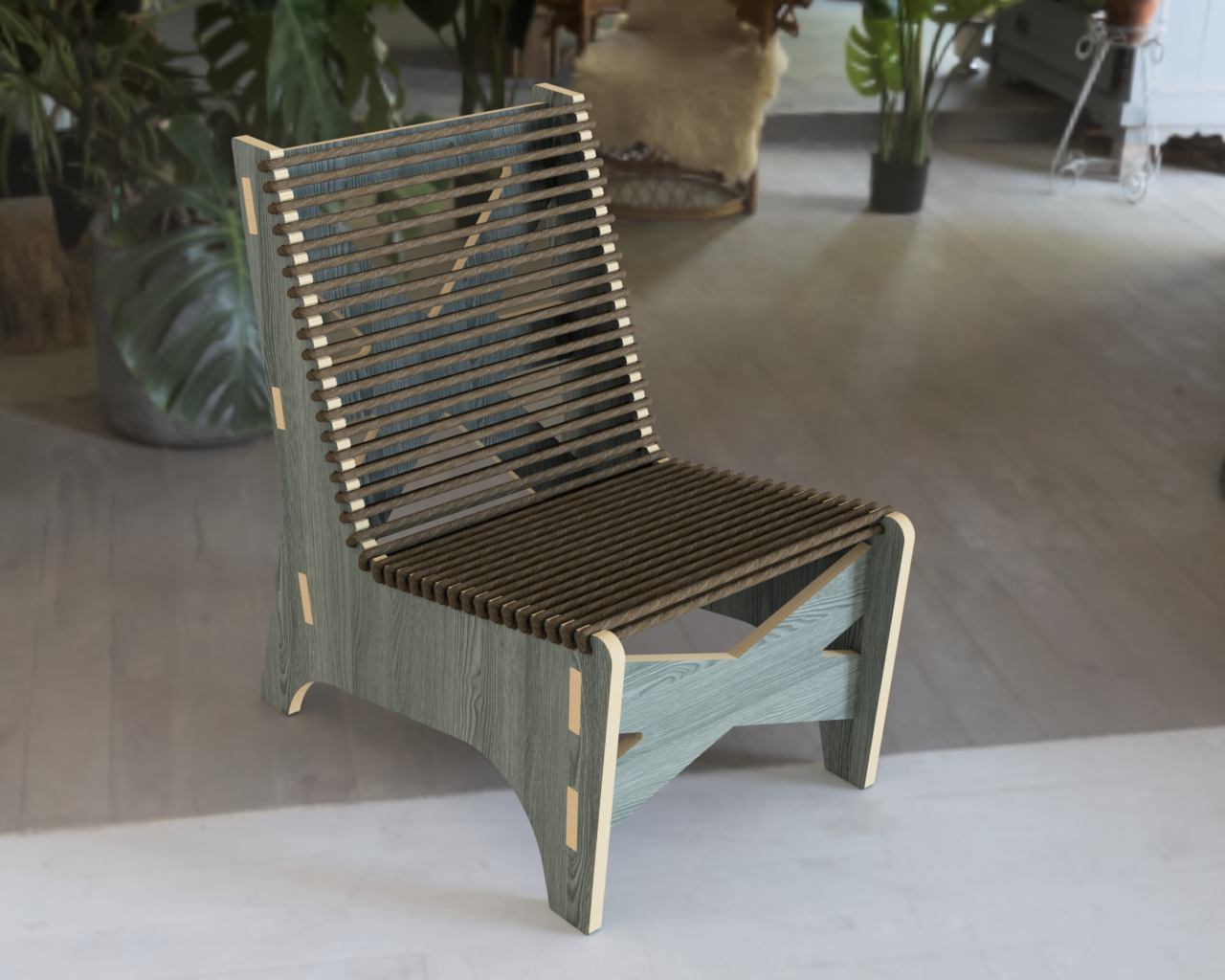  Prototype for a new flat-packed chair with sisal rope webbing  