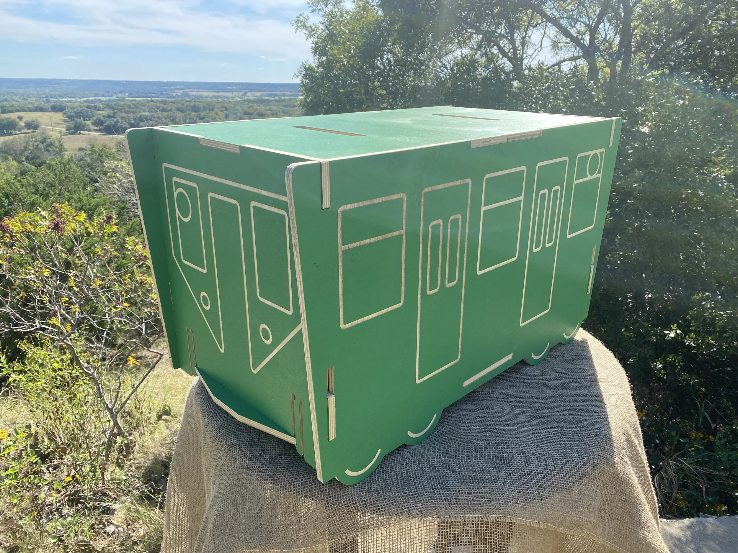  The Subway Car, one of three toy box designs, which can be  monogrammed and purchased on my Etsy store  