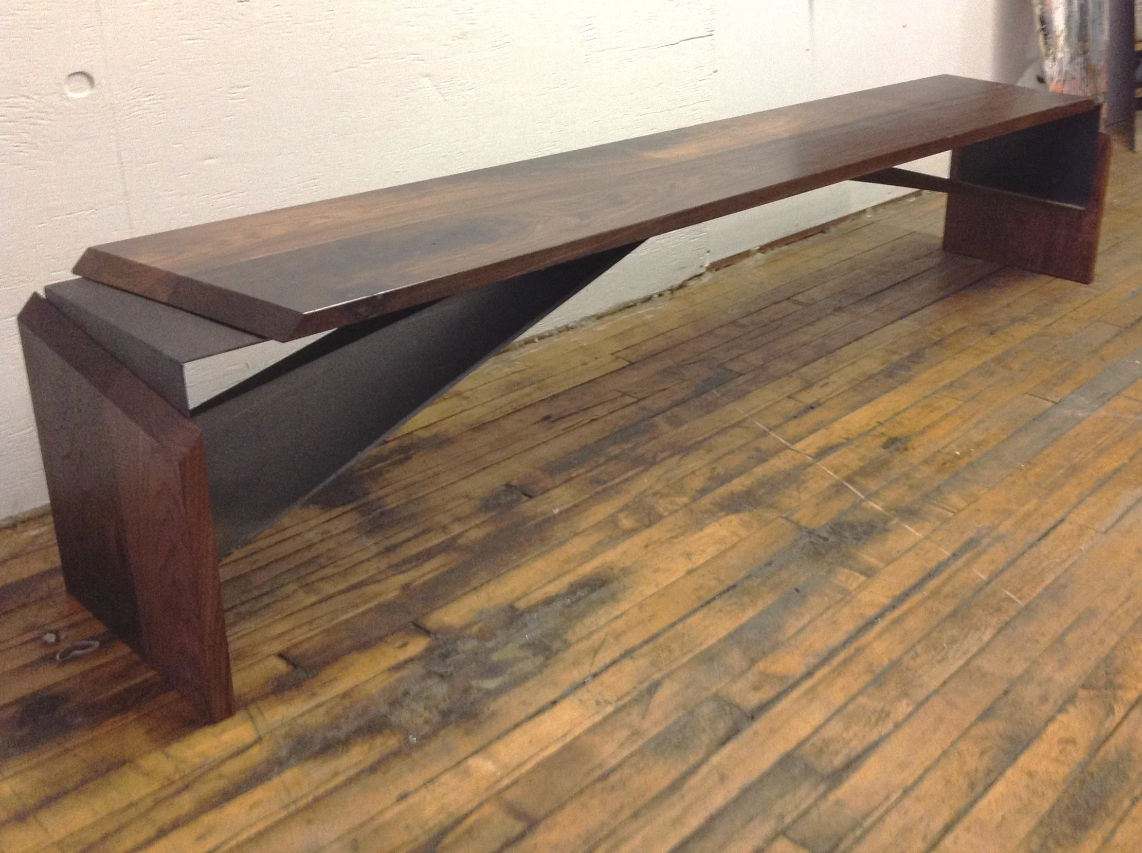  Faceted walnut and steel bench designed and crafted for a private Brooklyn client 