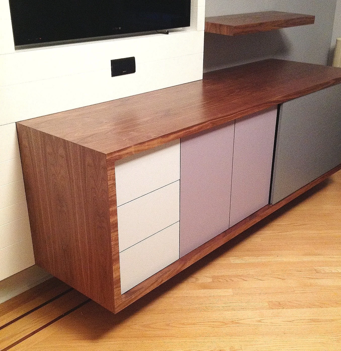  Walnut credenza  with three-toned painted ash doors fabricated for NYC firm  Doban Architecture  