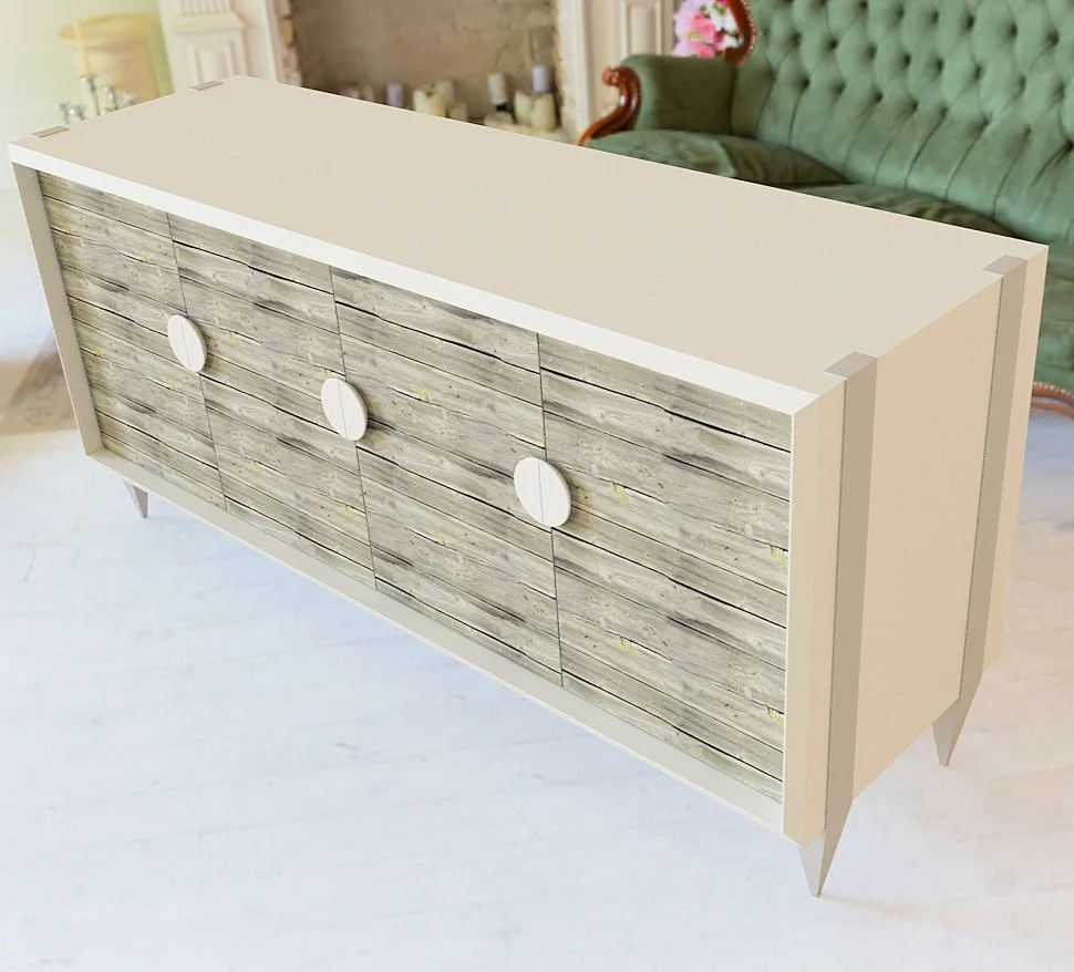  Painted credenza with distressed doors and metal pulls  