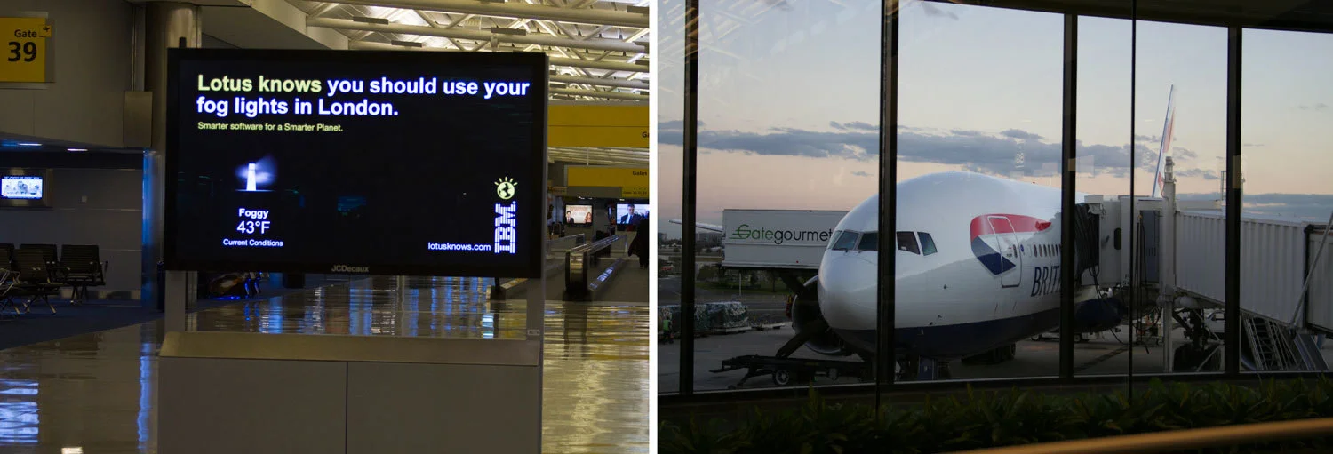 In JFK International Airport, contextual outdoor boards displayed the forecast of the gate's destination city at the time of arrival.