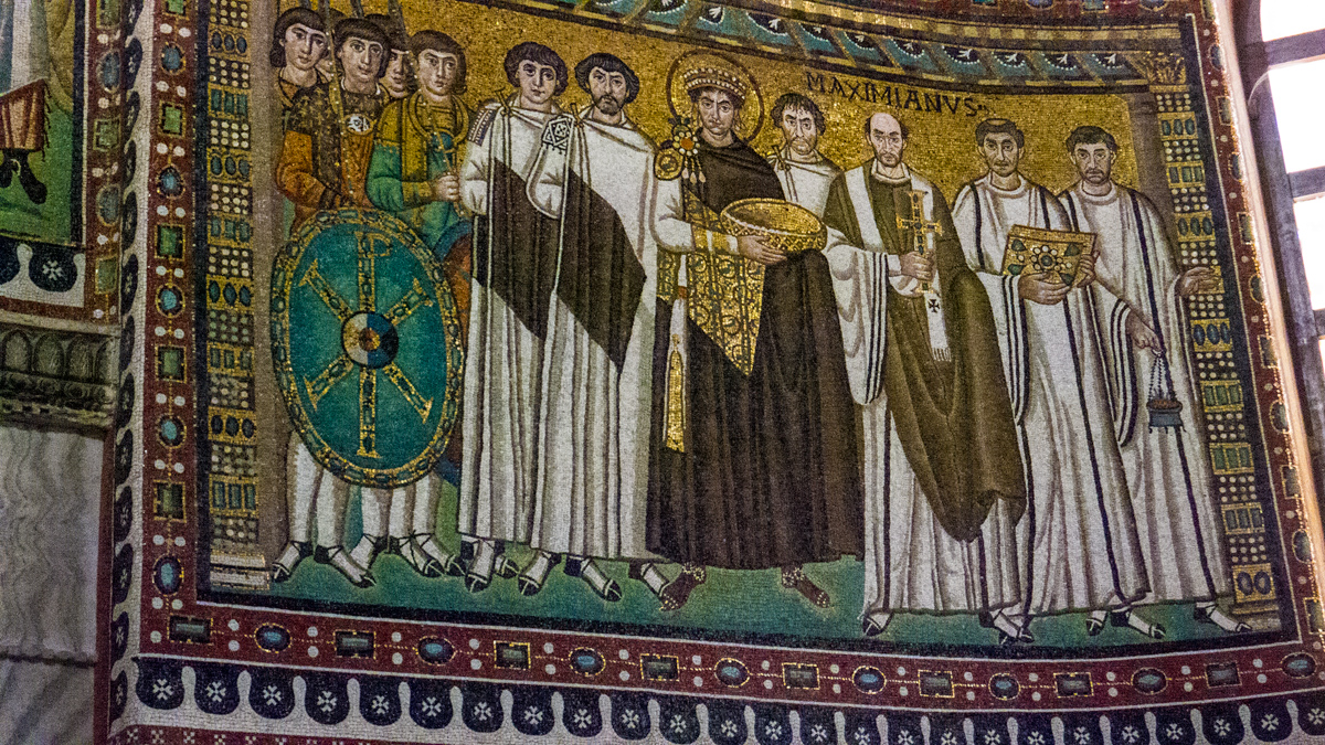 Mosaic of the Emperor Justinian and his court at San Vitale in Ravenna. Photo by John Wehrle, All Rights Reserved, 2014.