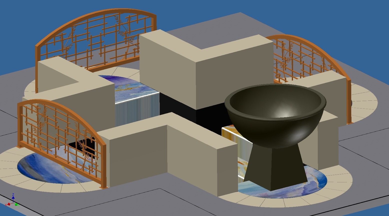 The mosaic will be installed on the font floor and up the steps, with dry lunettes inlaid into the concrete and limestone floor. Most of the finished mosaic will be under water.