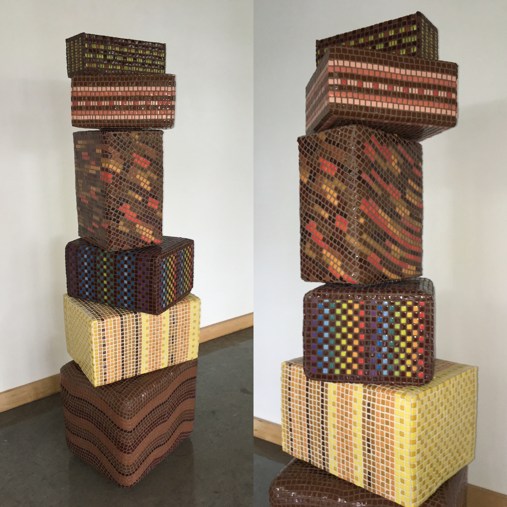 Tower of Unmelting, Chocolatey Truffled Goodness, 2016 60 inches tall. Enameled glass, styrofoam, plastic, steel and cement-based adhesive. Suitable for outdoors. Inquire for purchase and display information. julierichey@mac.com.