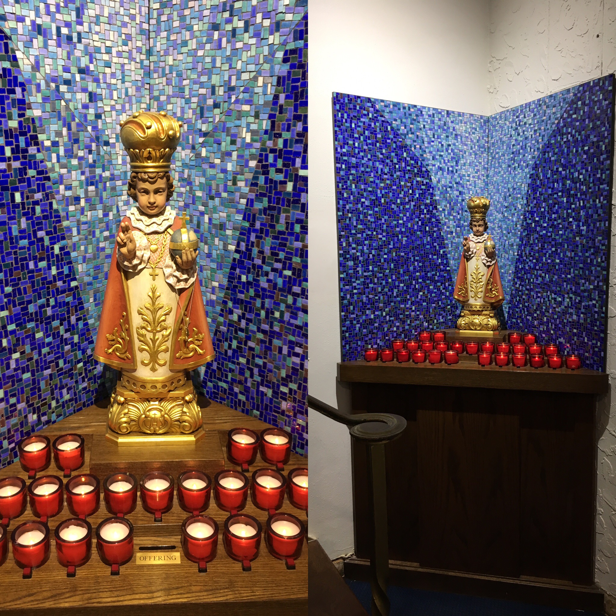 Infant of Prague mosaic background by Julie Richey Mosaics.