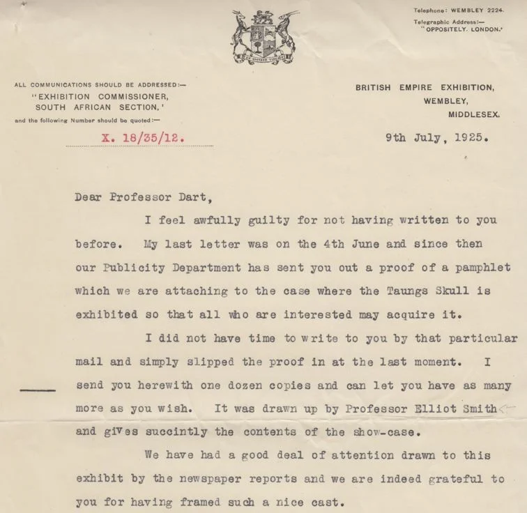Letter from the Wembley Commission to Raymond Dart, 1925. The exhibit of the Taung cast at Wembley was a huge success -- Dart and the casting company filled international orders for decades. (photo: L. Pyne, courtesy of the University of Witwatersrand.)