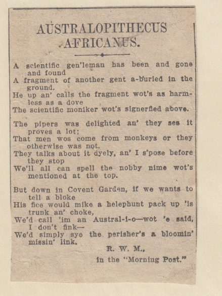 "Australopithecus africanus" by R.W.M., The Morning Post , undated. (courtesy of the Raymond Dart Archive, University of Witwatersrand)