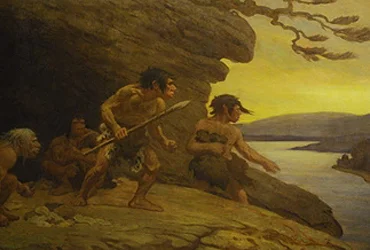 A detail from Charles R. Knight’s giant mural “The Flint Workers of the River Vezere,” from 1920. The painting of a Neanderthal family shows a scene at Le Moustier cave in southern France. (Bones of Neanderthals and stone artifacts were found in 1909.)