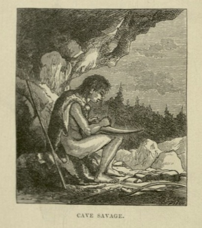Imagined "cave savage" from "imaginary cave." Half Hours Underground: Volcanoes, Mines, and Caves , 1888. 