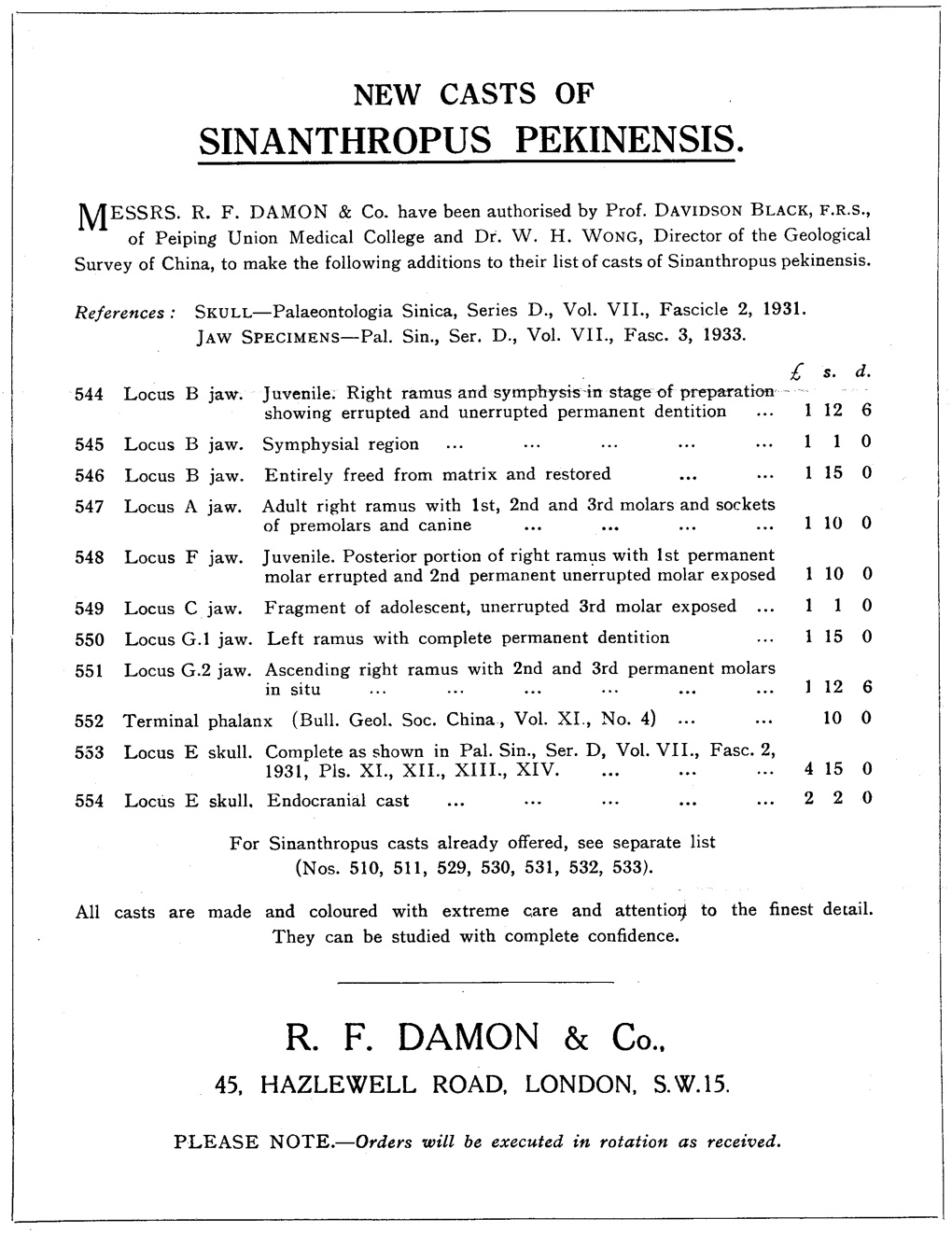 Advertisement for R.F. Damon & Company's fossil catalog. Document courtesy of the University of Witwatersrand archive.