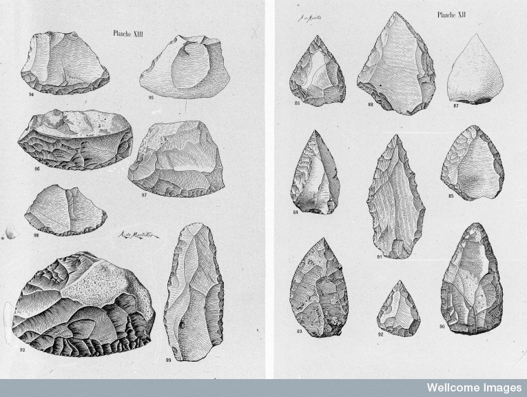 Credit: Wellcome Library, London; Mousterian points and scrapers ; Upper Paleolithic ; From: Musee Prehistorique By: Mortillet, Adrien & Gabriel de; Published: Schleicher & Cie. Paris 1903 ; Plates XII and XIII