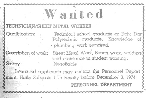Job ad, posted in Ethiopian Herald; 30 Nov 1974