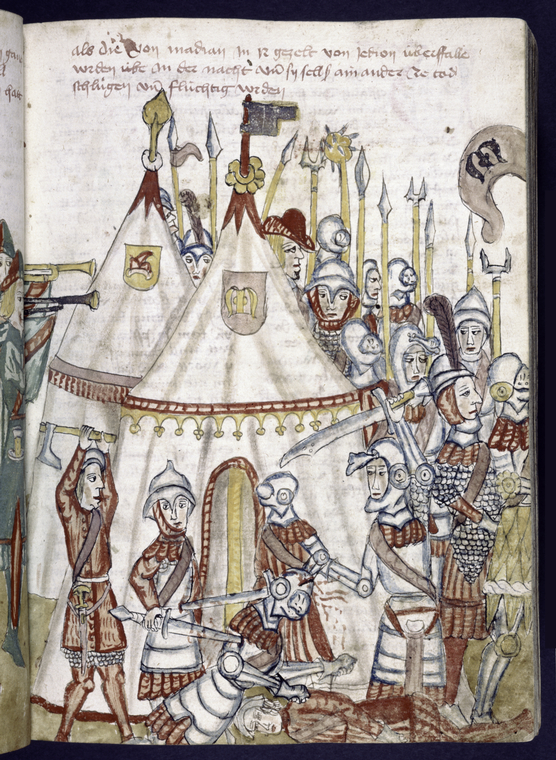 Rubric and miniature showing army and massacre outside of tent.