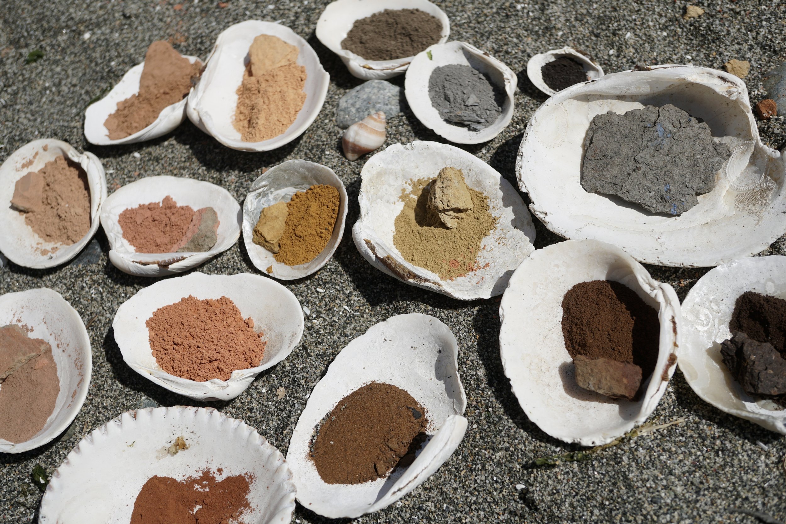 Seashells filled with different colors -- reds, oranges, peaches, yellows, greys -- of powdered earth ochre pigments.