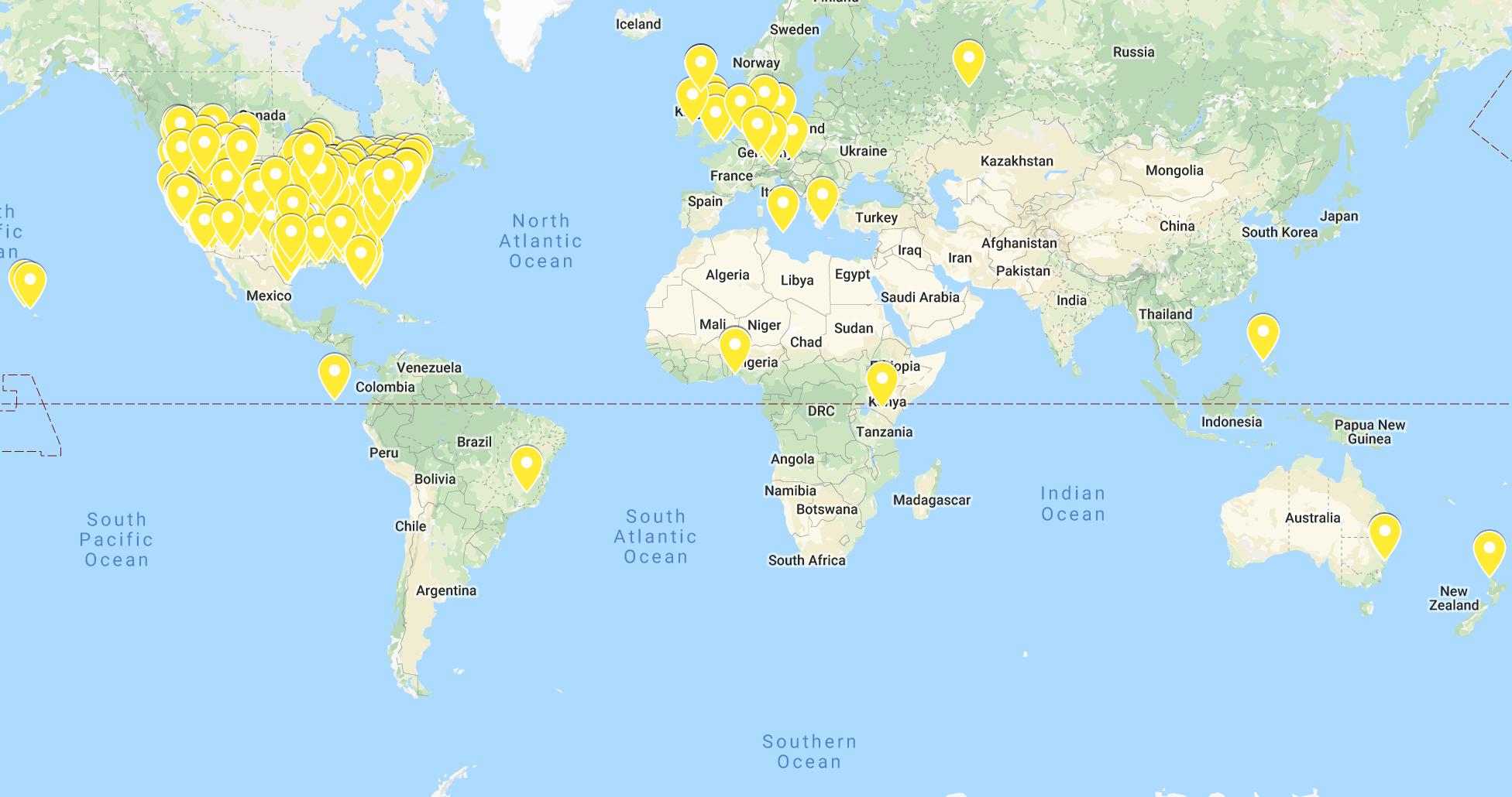 Locations of all Congratulations Project letter recipients