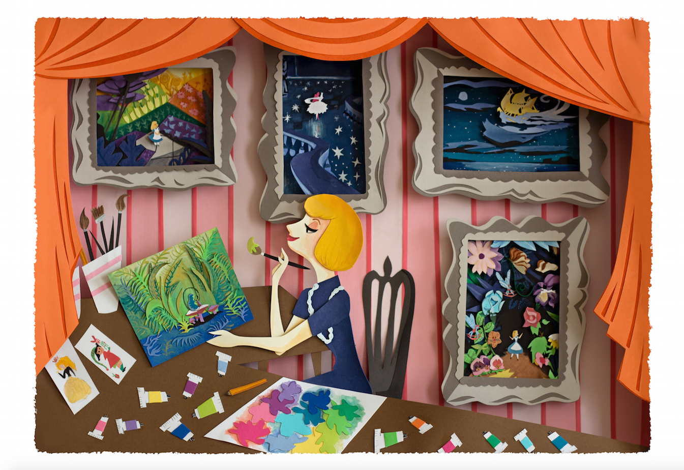 Mary Blair is best known for her paintings for the Walt Disney Animation Studio . She worked on classic films like Alice in Wonderland, Cinderella , and Peter Pan . Although Mary Blair worked mostly in gouache she also did paper cut art. So in honor of her I decided to use both paper and gouache in my portrait of her.