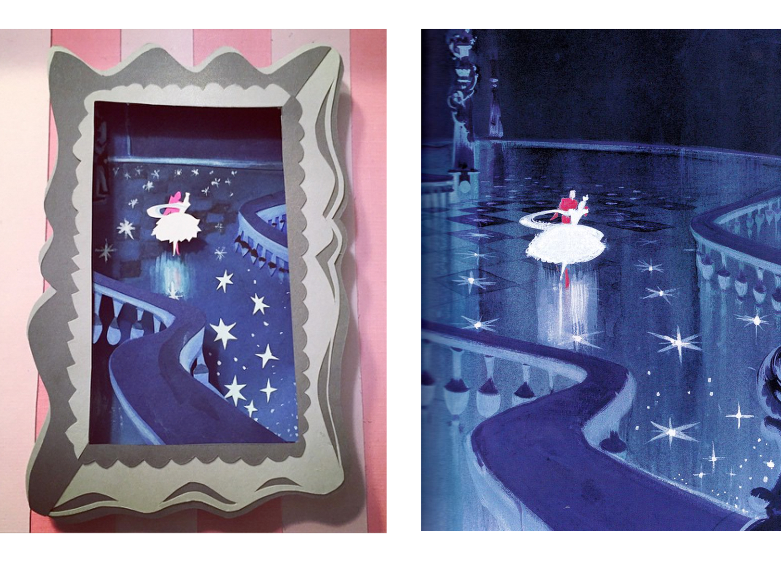 I had a lot of fun trying to adapt a painting to paper cut. I found it tricky when some paintings are so gestural versus paper cut art which is best done using major colors and shapes. On the left is my adaptation of the original painting she created for Cinderella . 