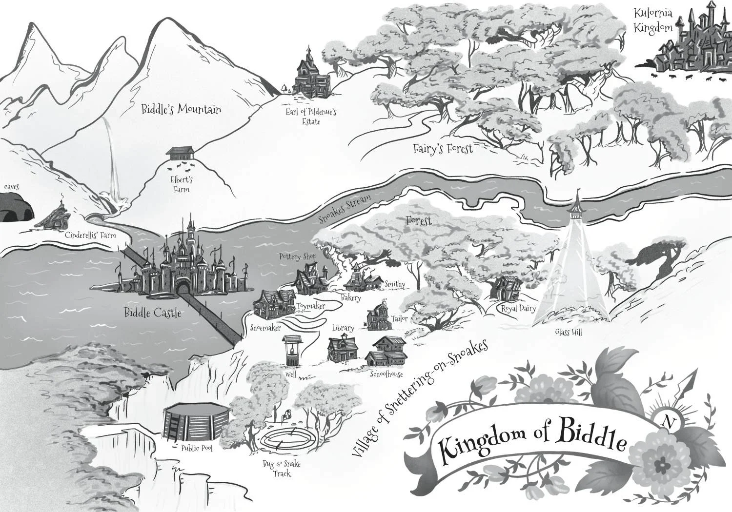 This map of the Kingdom of Biddle is the environment in which all the stories take place. I had fun trying to "map out" all the locations in the stories. 