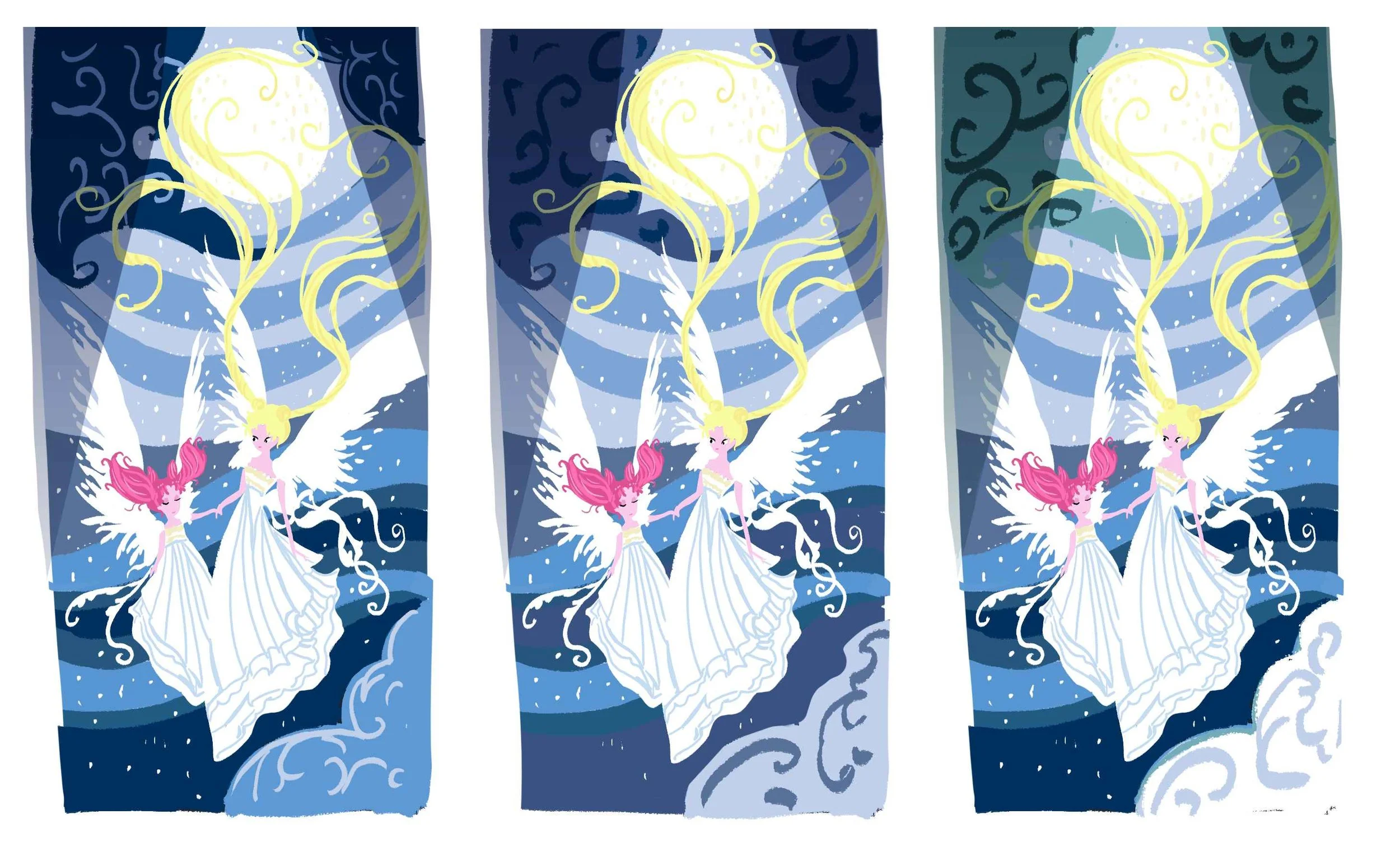 Before I start on the paper cut, I like to make color thumbnails to figure out my color palette. I went through multiple color palettes for the environment. I decided on the blues, because ultimately, it seemed most fitting.