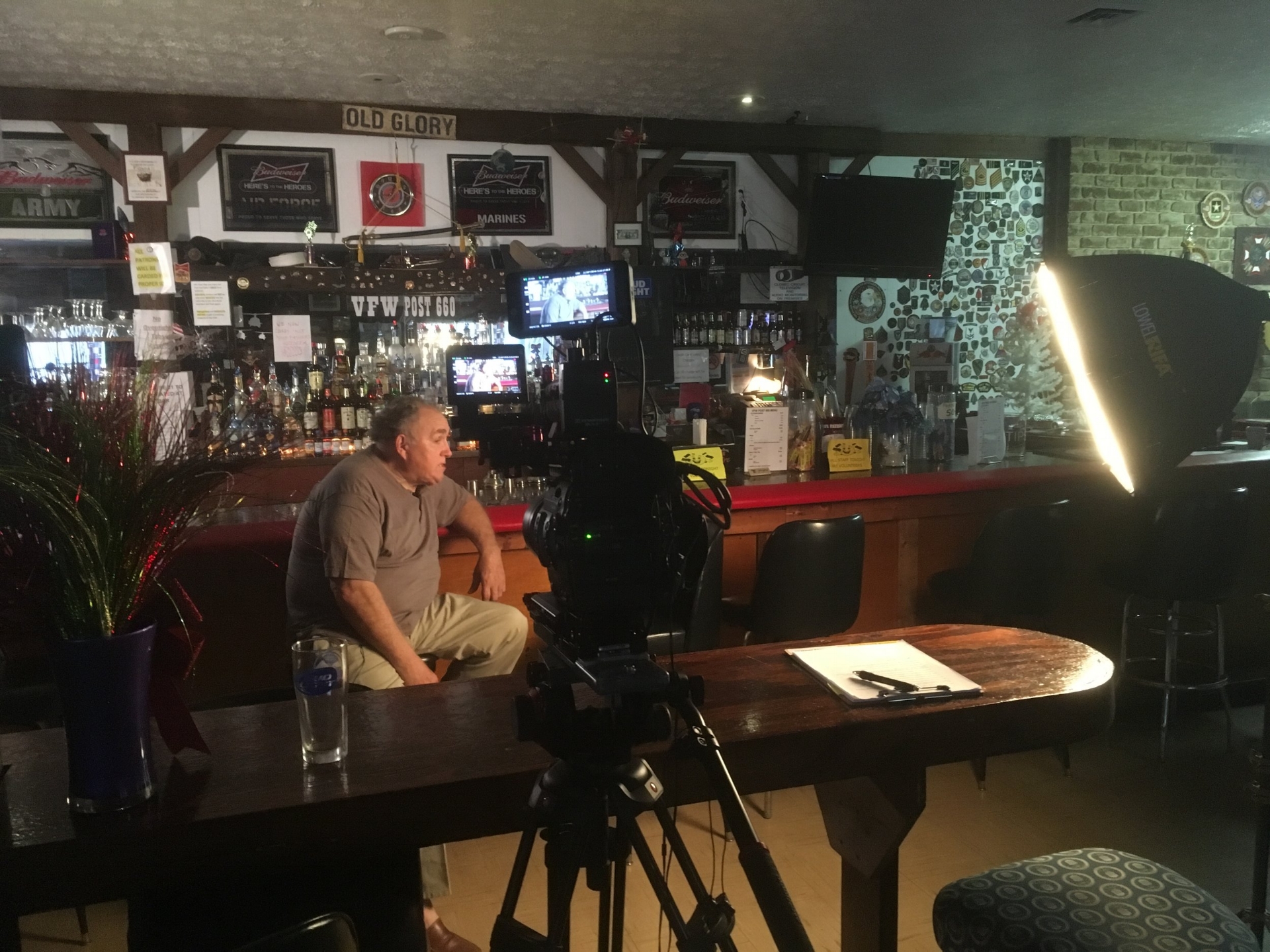 My view from behind camera. Softbox on right and LED panels (out of frame) on left.
