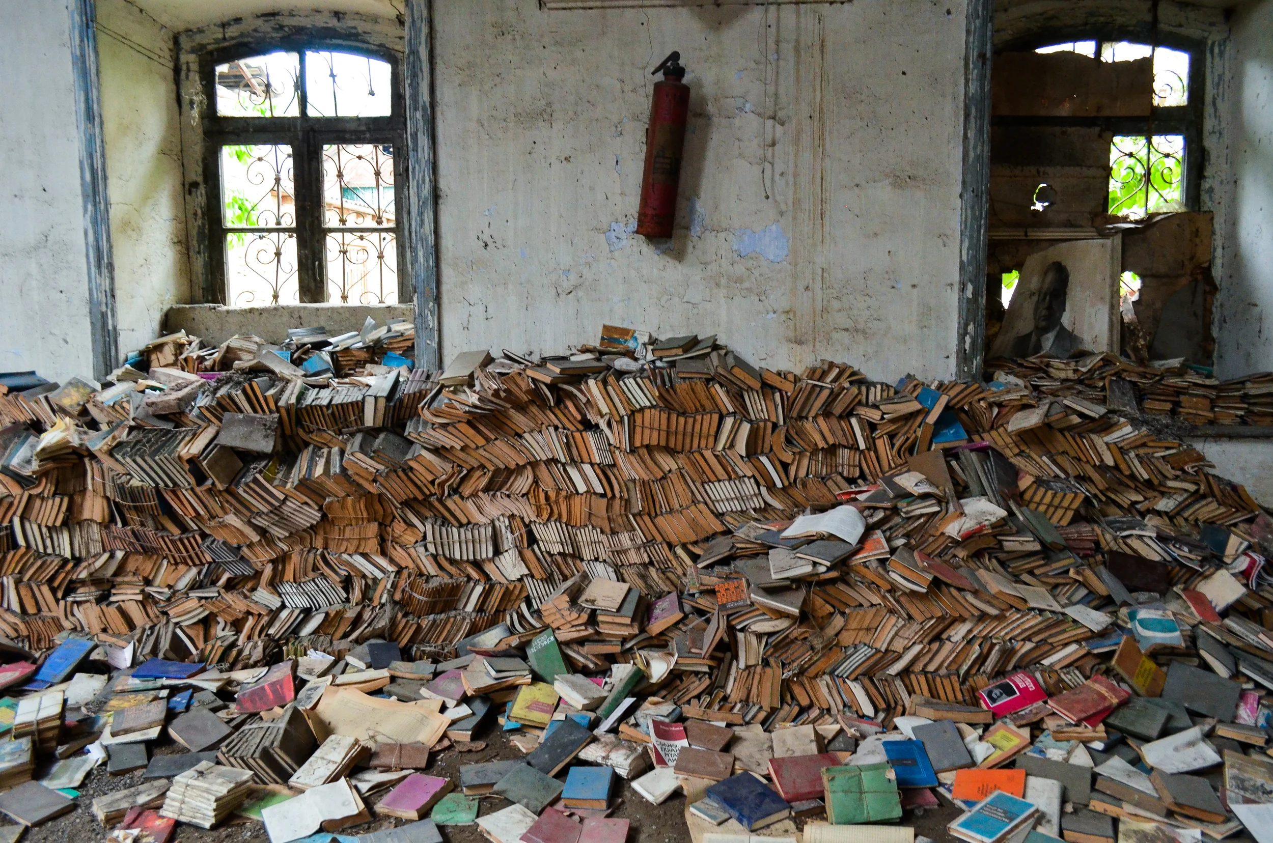 Books in a derelict synagogue in the village of Krasnaya Sloboda, a Jewish village near Quba, Azerbaijan.