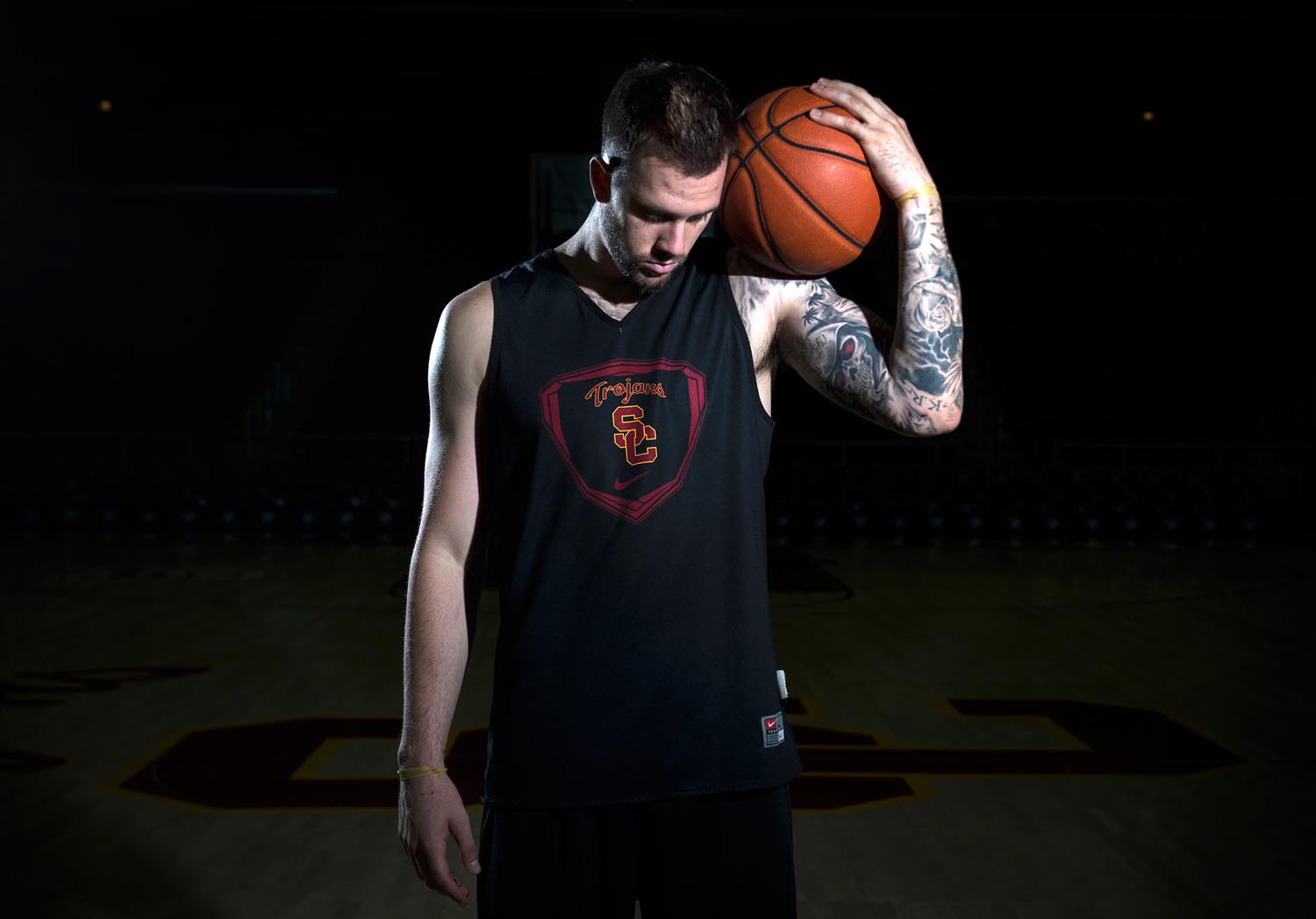  Former Mater Dei High standout USC's basketball player guard Katin Reinhardt stands tall at The Galen Center in Los Angeles on Thursday. 