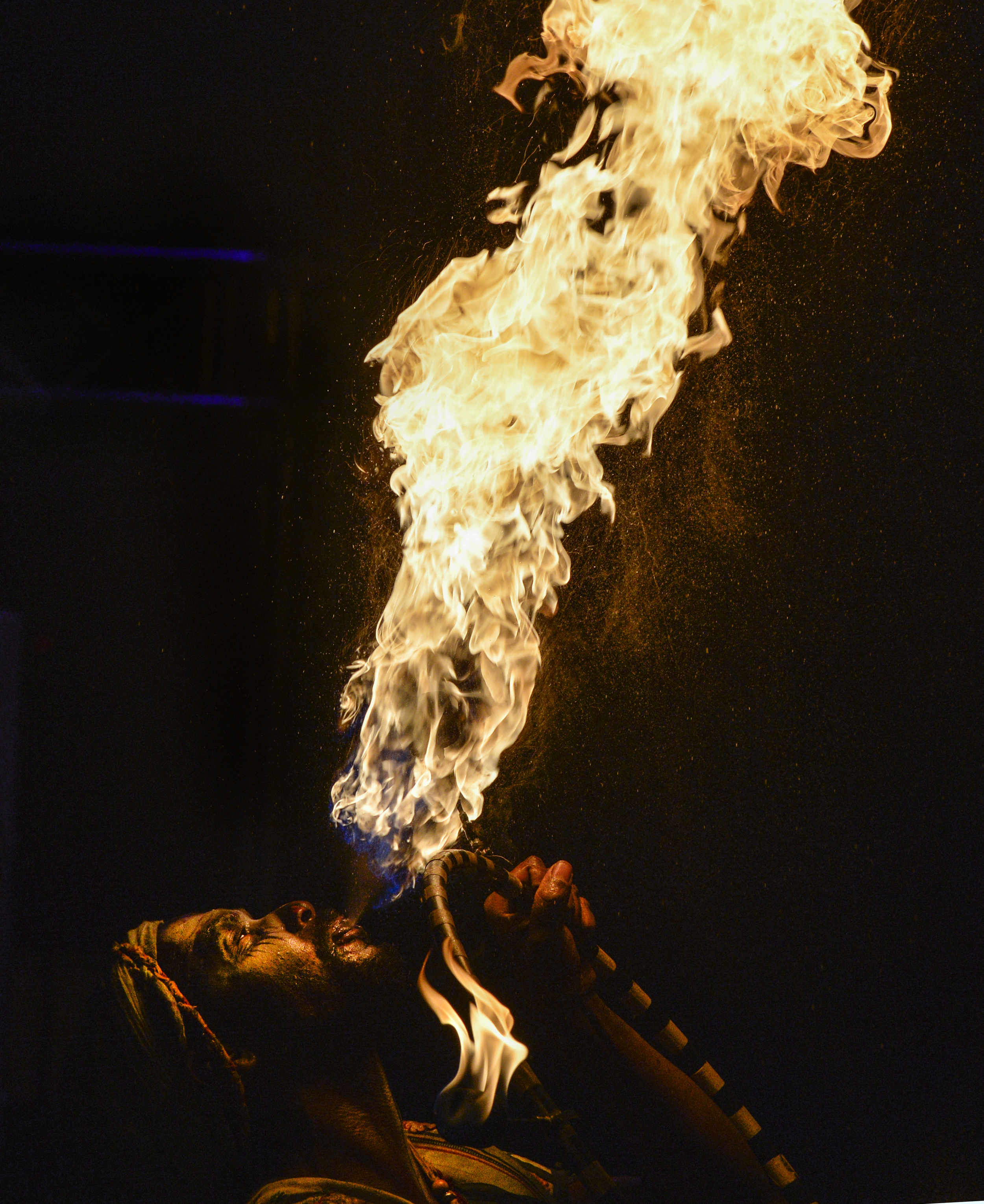  Solar Greye blows fire to end a performance at the Queen Mary's Dark Harbor which opens this weekend in Long Beach CA. Thursday October 1, 2015.  