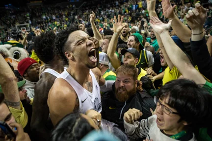 Oregon forward Dillon Brooks screams into the crowd after scoring a game-winning 3-pointer against UCLA with less than a second left on the clock at Matthew Knight Arena in Eugene, Ore. on Dec. 28, 2016. Brooks ended UCLA's 13-game undefeated streak with a final score of 89-87.