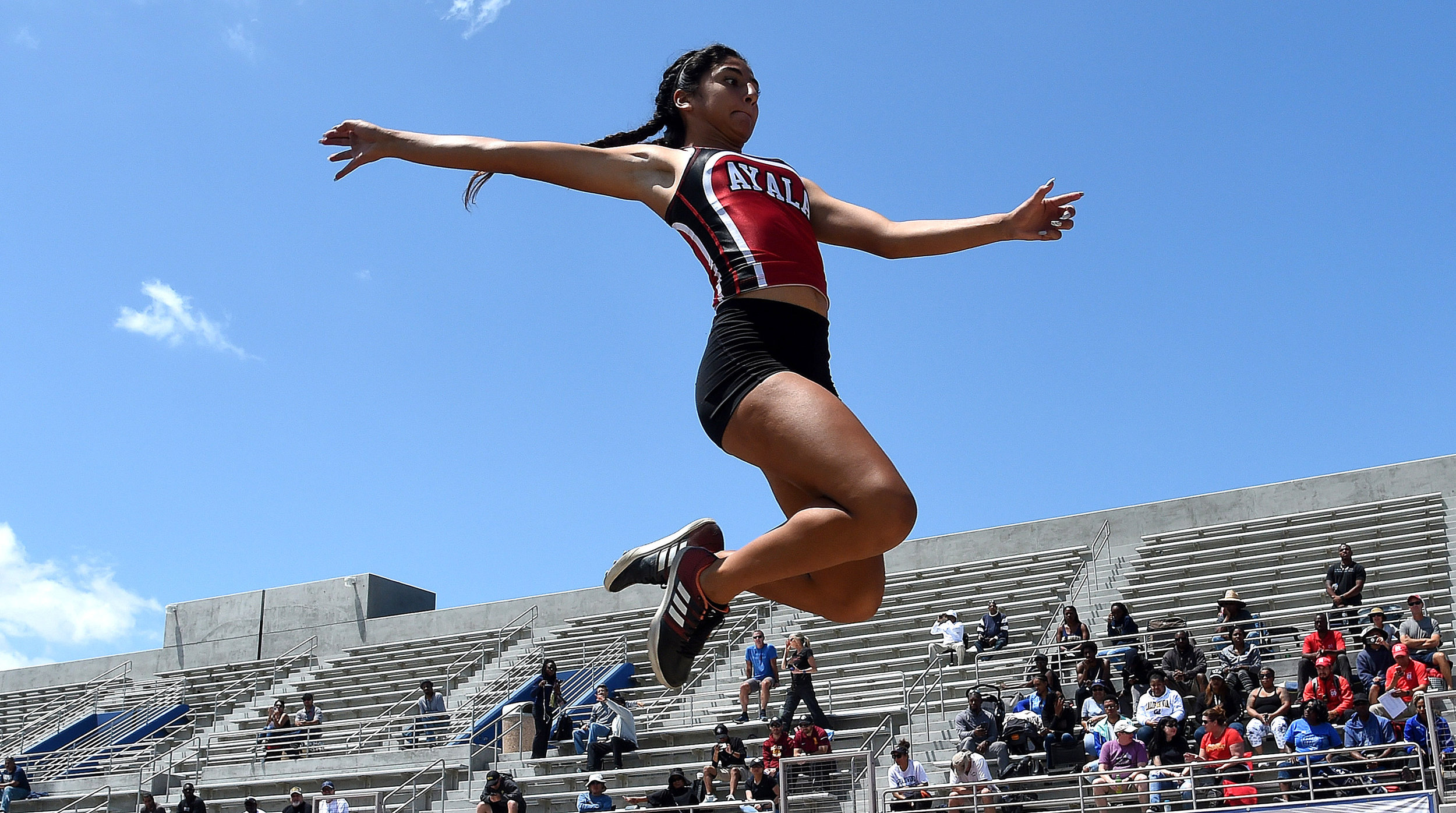  Aya;s's Anyssa Romo competes in the long jump during the CIF-SS Track and Field Masters meet at El Camino College in Torrance, Calif., on Saturday, May 26, 2018.  