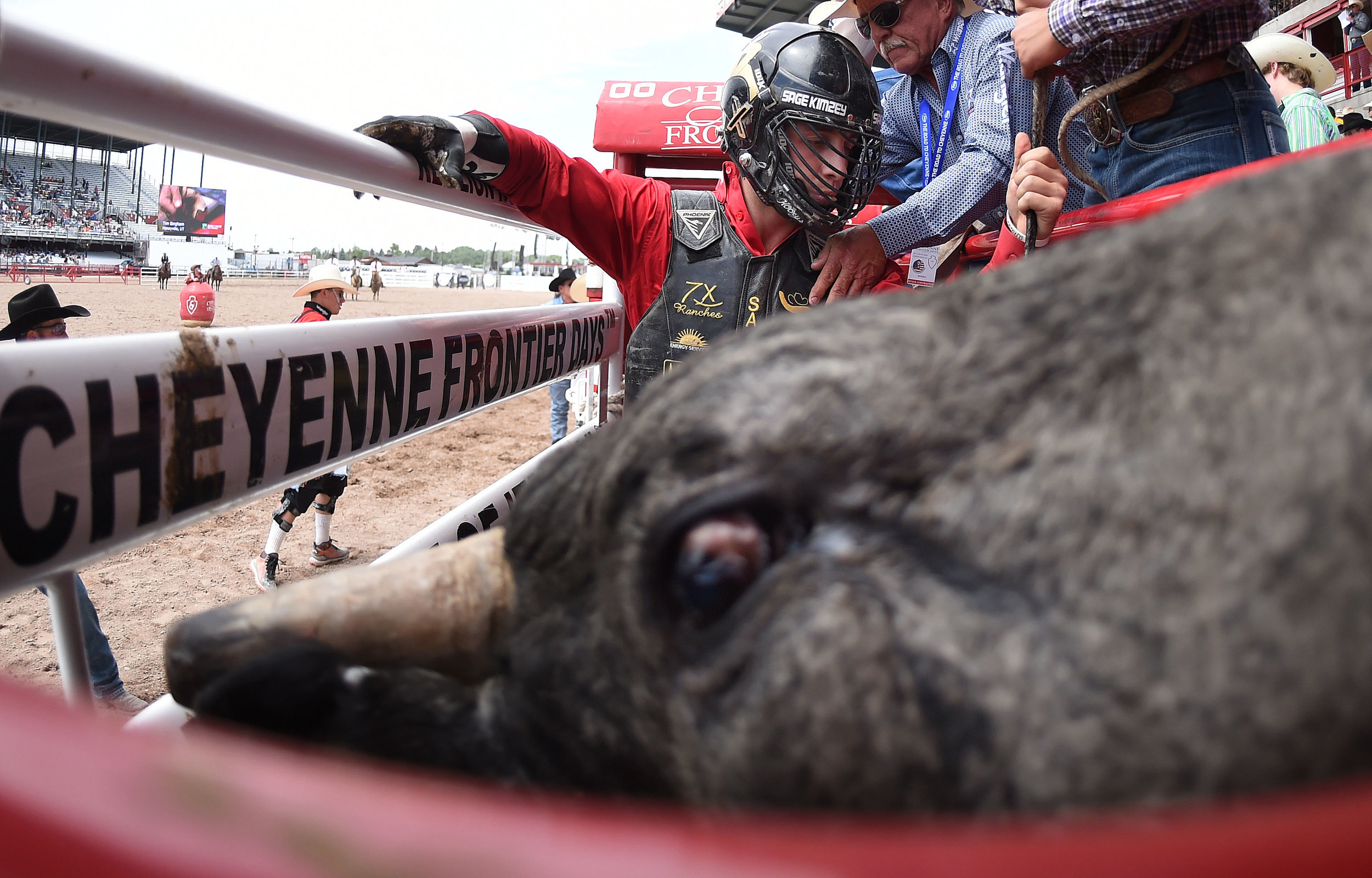  Champion bull rider Sage Kimzey, from Strong City, Oklahoma, prepares to ride Blue Stone during the 6th performance at the 122nd Cheyenne Frontier Days Rodeo at Frontier Park in Cheyenne, Wyoming Wednesday, July 25, 2018.  