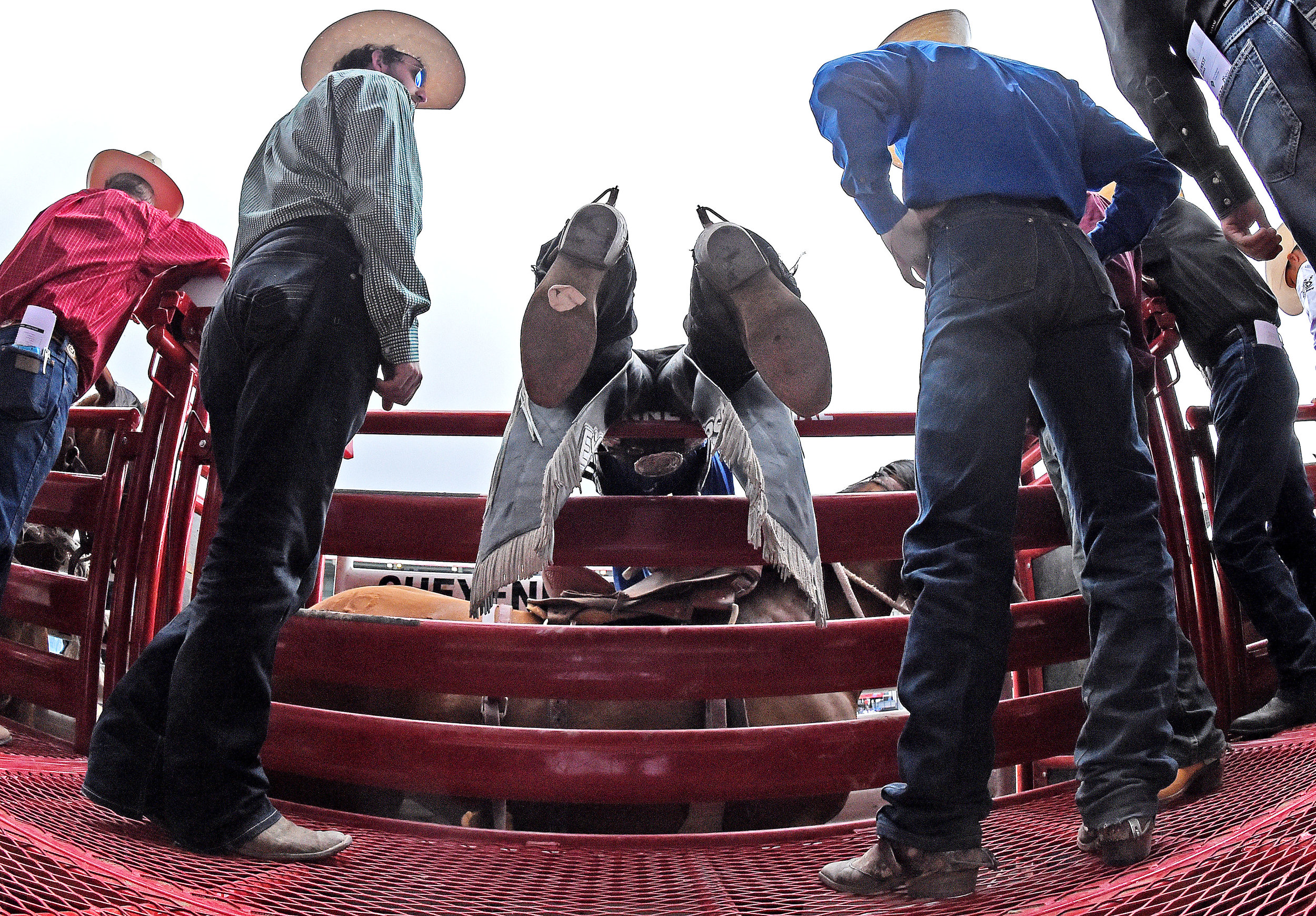  Defending saddle bronc world champion Ryder Wright from Midford, Utah, leans over the bucking chutes as he prepares to ride Chill Wills during the 6th performance at the 122nd Cheyenne Frontier Days Rodeo at Frontier Park in Cheyenne, Wyoming Wednes