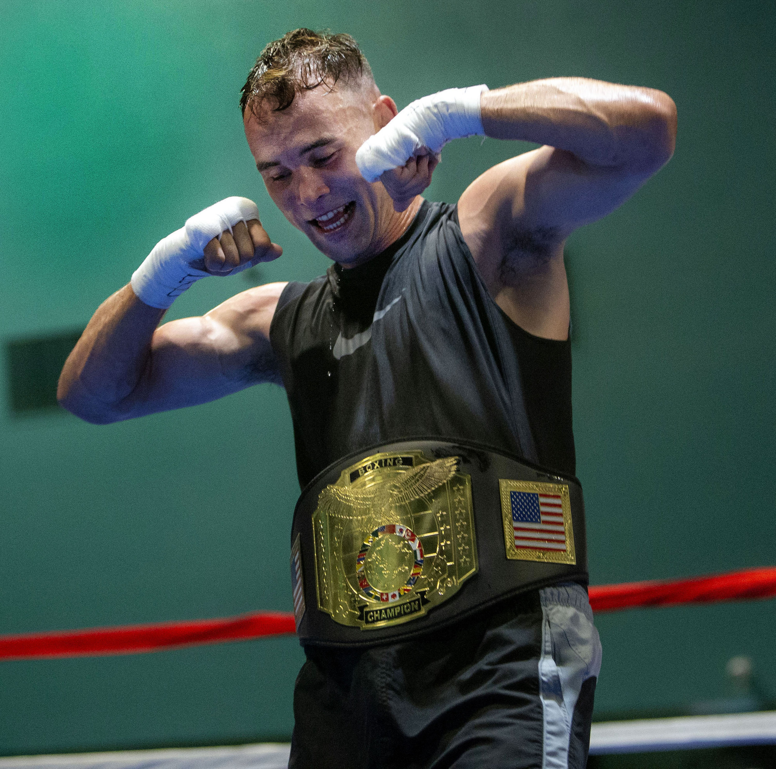  P-Town boxer Richard Lagunas dances in the ring after defeating First United Boxing's Bryant Meza during the Future Olympics Champions at  Lake Perris Sports Pavilion in Perris on Saturday, August 18, 2018.  