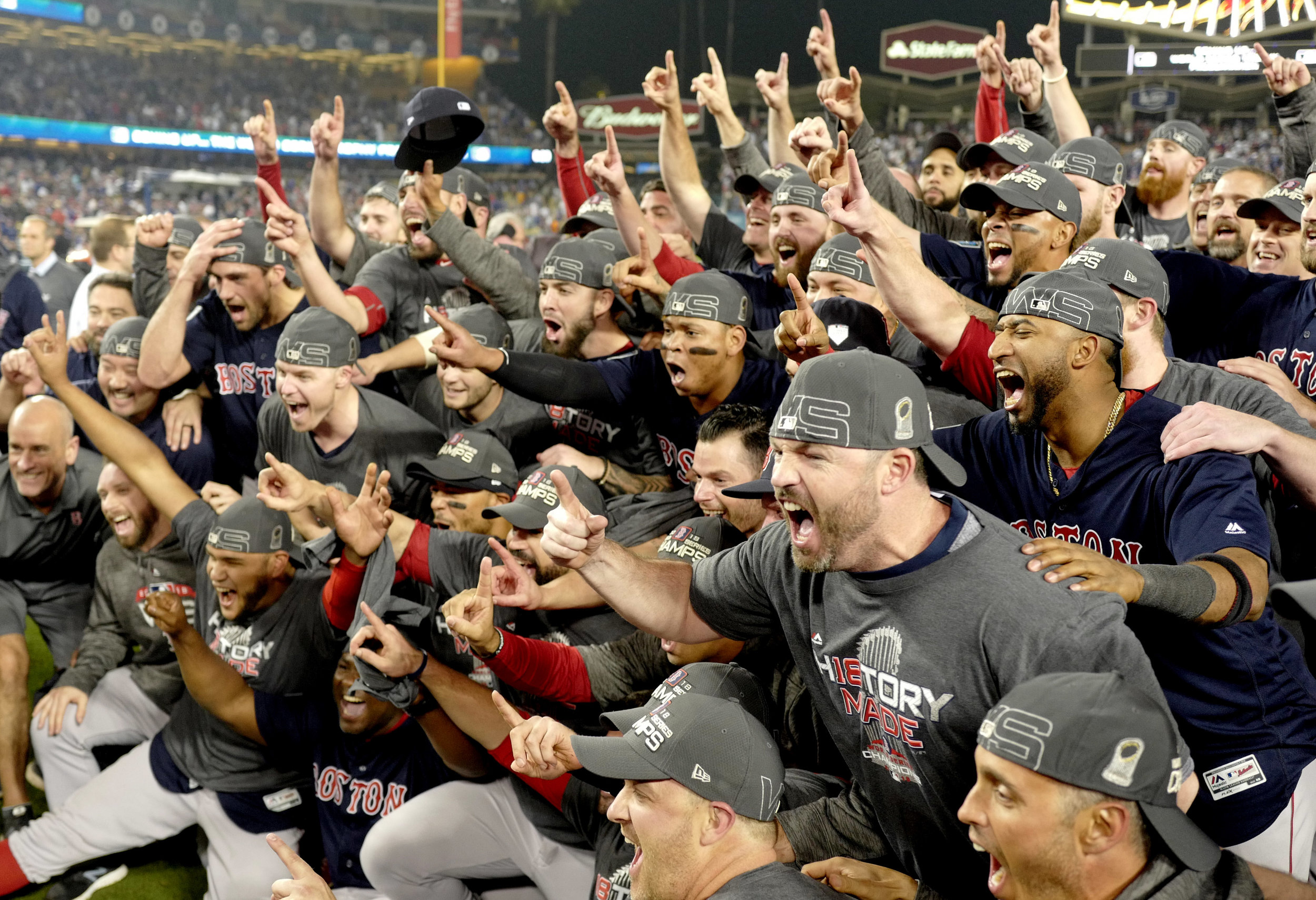  The Boston Red Sox celebrate after defeating the Los Angeles Dodgers 5-1 in game five of the World Series at Dodger Stadium on Sunday, October 28, 2018 in Los Angeles, California.  