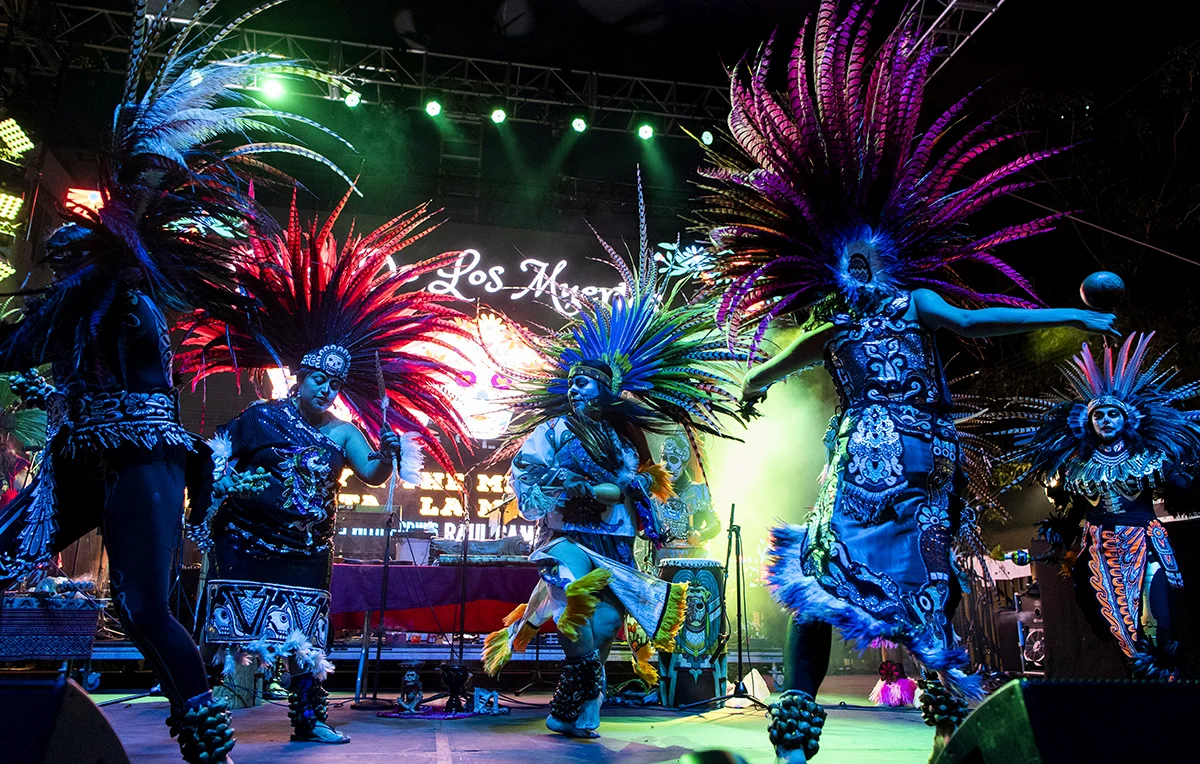  Mexika Aztec dancers perform at the Long Beach 5th Annual Dia De Los Muertos Festival on Pine Avenue in Long Beach November 2, 2018.  