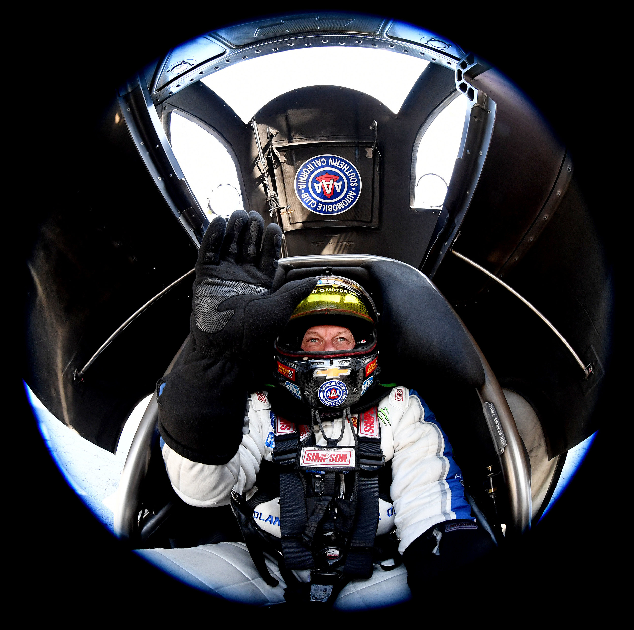  Funny Car driver John Force sits in his hot rod prior to qualifying in Pomona on Friday, November 9, 2018 at the 54th annual NHRA Finals at Auto Club Raceway at Pomona. Pro qualifying continues Saturday.  
