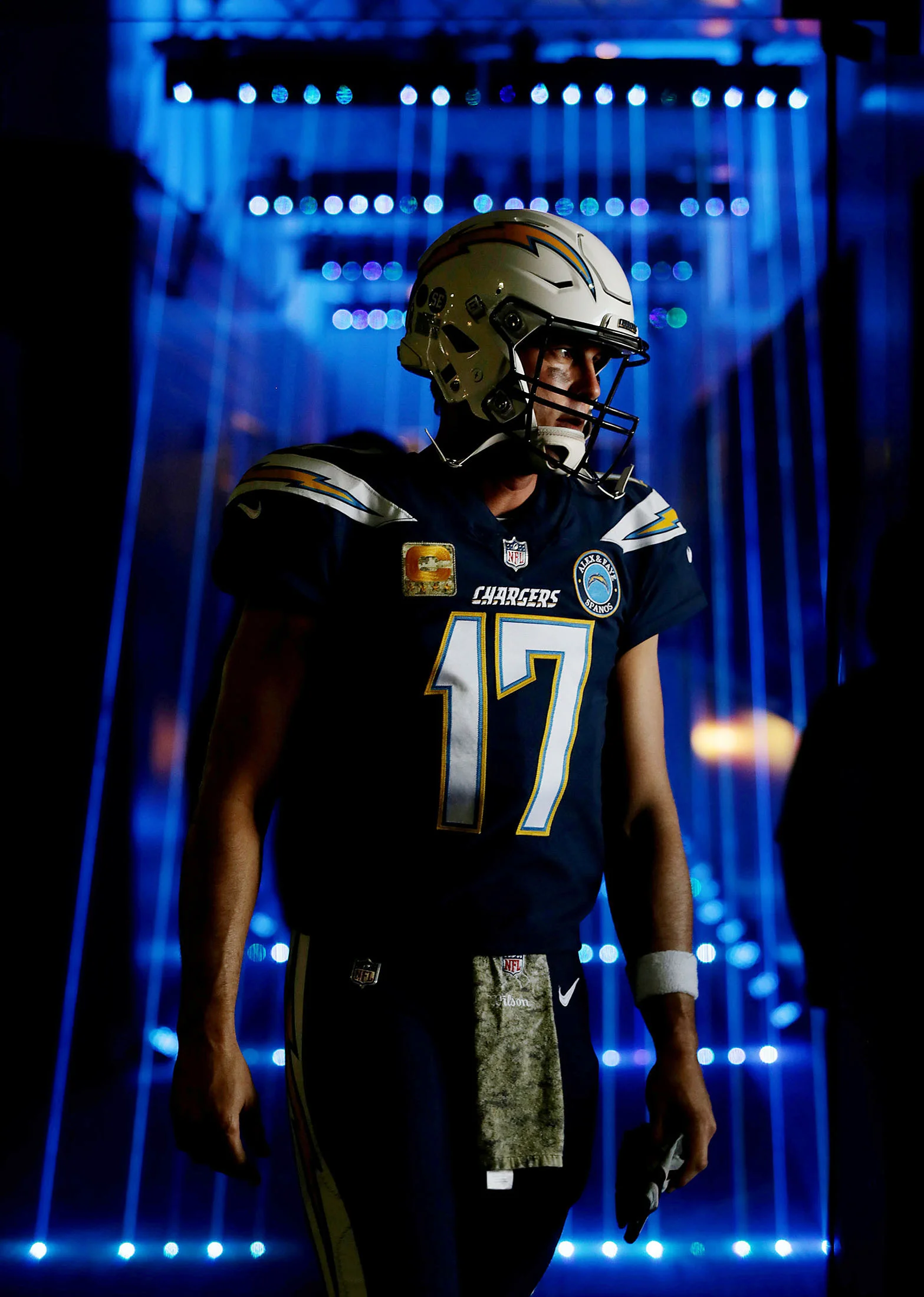 Los Angeles Chargers quarterback Philip Rivers #17 heads to the tunnel for player introductions before the first half of the game at StubHub Center in Carson on Sunday, November 18, 2018.